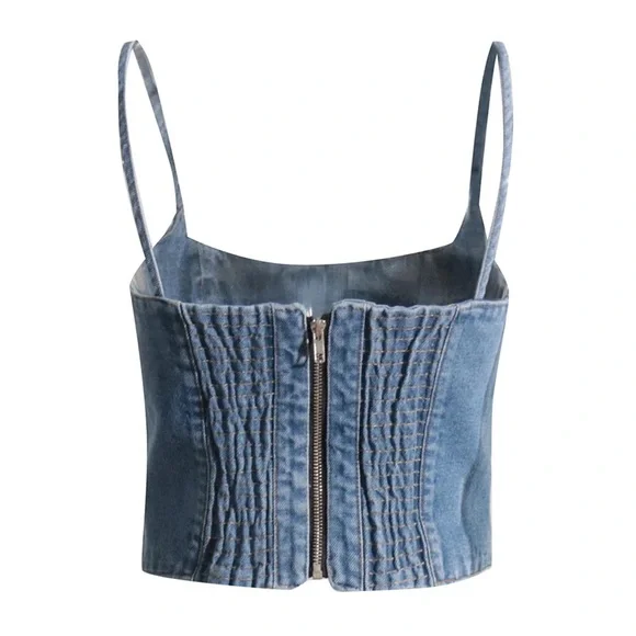 SPAGHETTI STRAP SMOCKED BACK CROPPED BUSTIER DEMIN TANK TOP - Picture 2 of 6